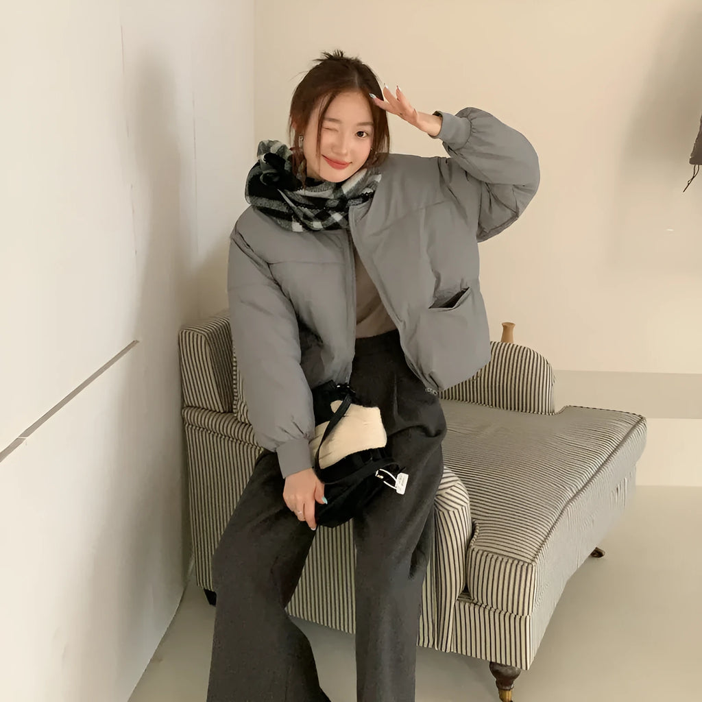 Gray short down jacket for plus size women loose fit with pockets long sleeves