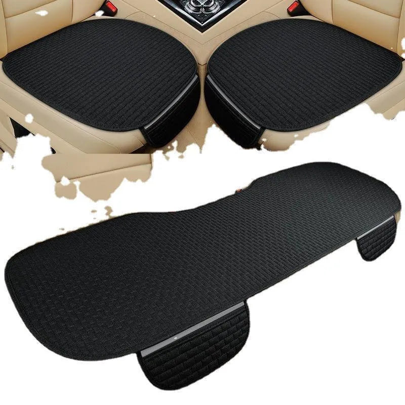 Linen fabric car seat cushion in a hemming style, shown in charm coffee colour on a car seat.