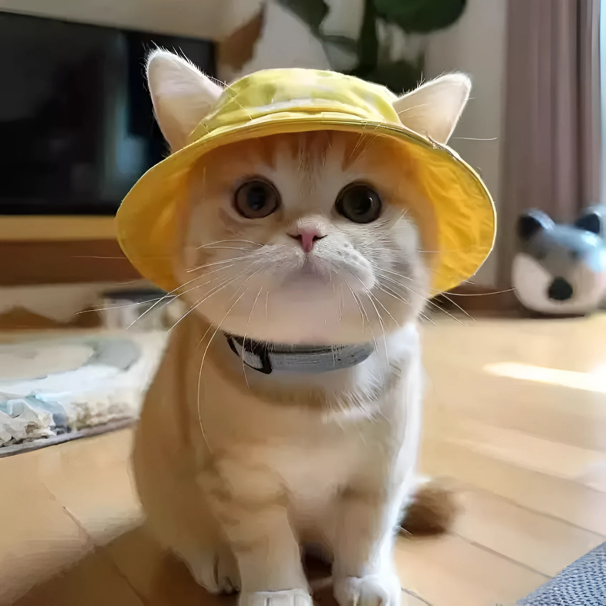 Cotton pet bucket hat with exposed ears in summer lemon yellow with colour grid pattern