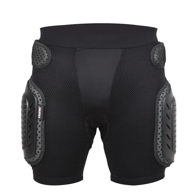Black cycling hip pad protection pants showing hip guard area and size options S M L XL