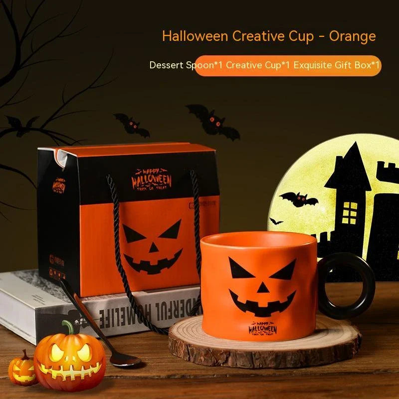 Pumpkin-shaped ceramic mugs in orange and white colors, perfect for enjoying hot drinks during the holidays