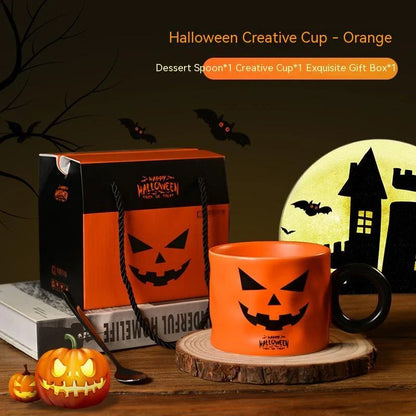 Pumpkin-shaped ceramic mugs in orange and white colors, perfect for enjoying hot drinks during the holidays