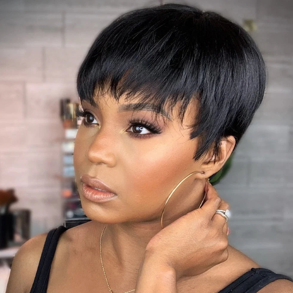 Short black pixie cut human hair wig with bangs on adjustable cap
