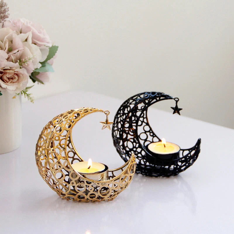 Crescent moon star metal candle holder in black or gold for elegant home decor