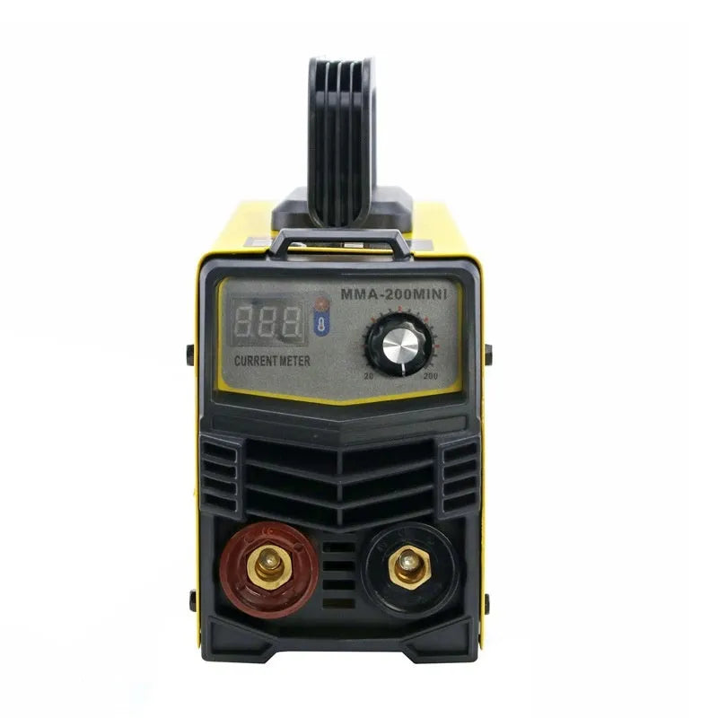 MMA-200MIN 220V inverter DC welding machine with welding tongs and face shield on a workbench.
