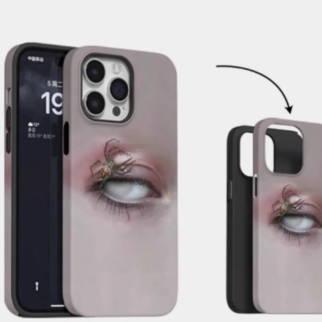 Dark frosted iPhone case with a heterochromatic spider graphic design.