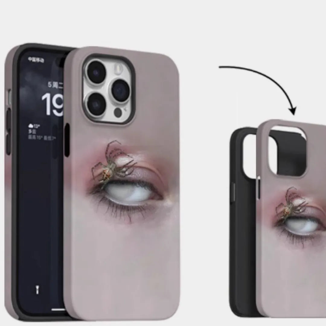 Dark frosted iPhone case with a heterochromatic spider graphic design.