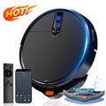 Black and white intelligent sweeping robot vacuum cleaner with remote control on a hardwood floor.