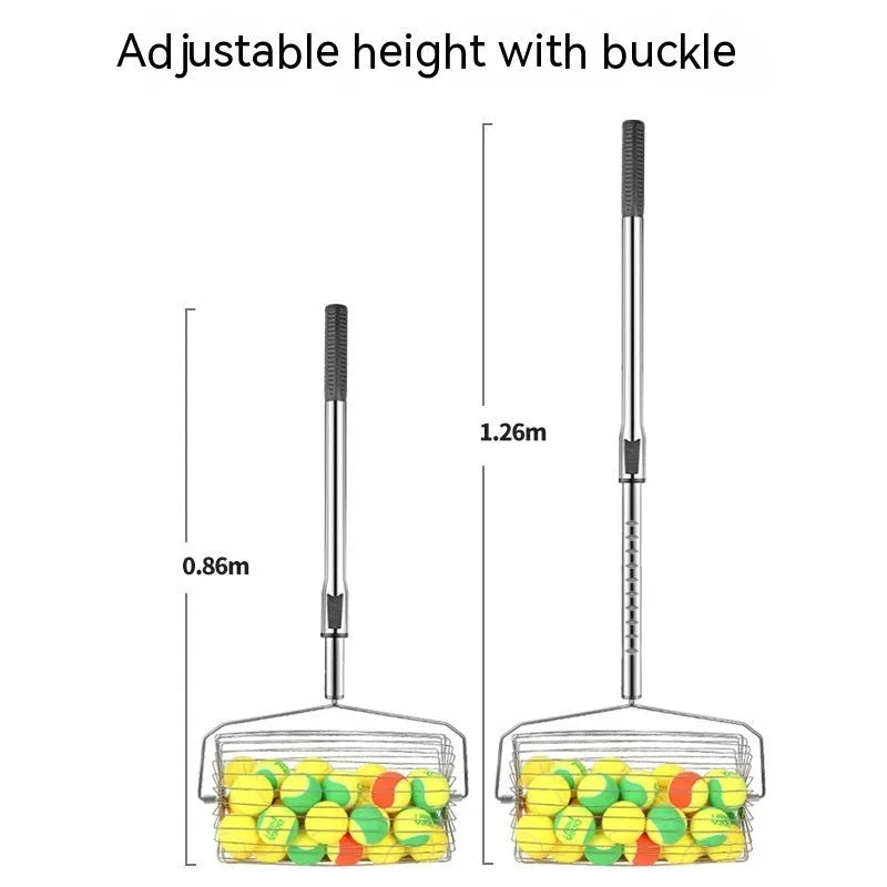 Stainless steel roller tennis ball picker with adjustable collection basket on tennis court