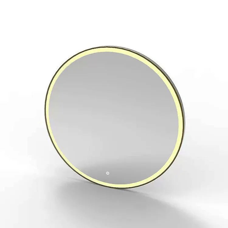 Round smart bathroom mirror with black aluminium frame and LED lighting