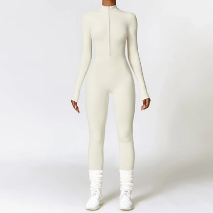 A versatile zippered athletic jumpsuit in various colors, ideal for yoga, fitness, and sports activities