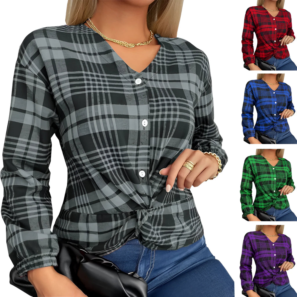 Women's purple plaid casual shirt with regular sleeves and loose fit on hanger