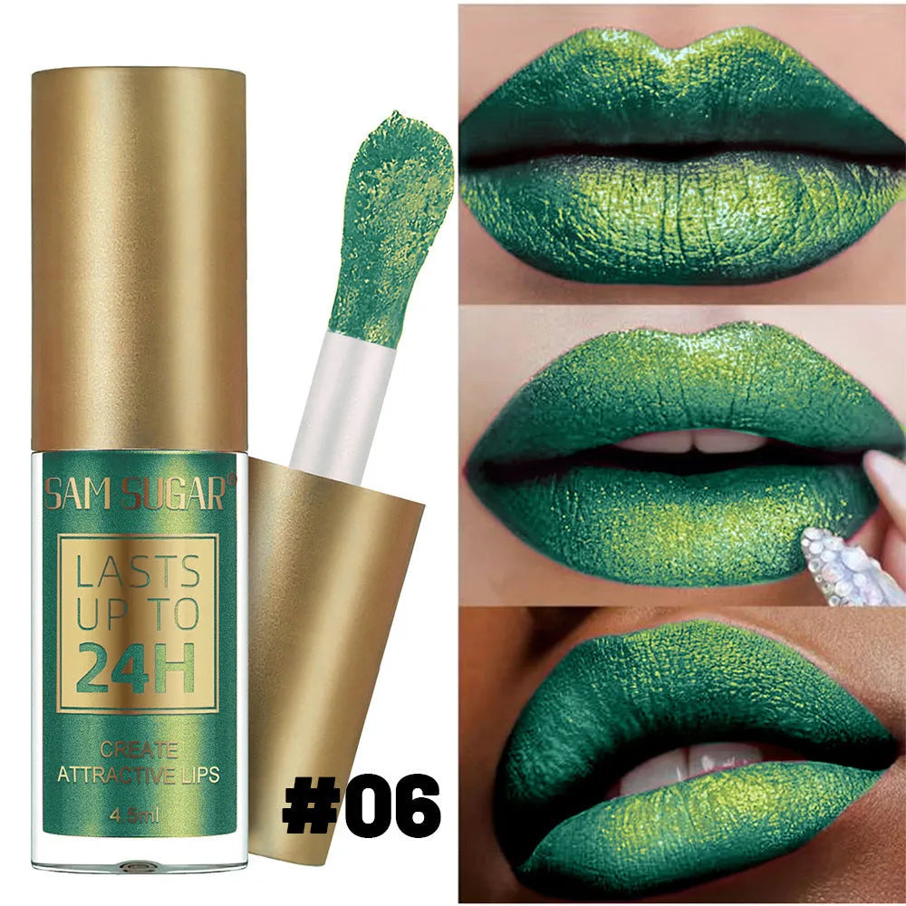 6-colour set of glittering pearlescent lip lacquer tubes in metallic finish shades 01 to 06