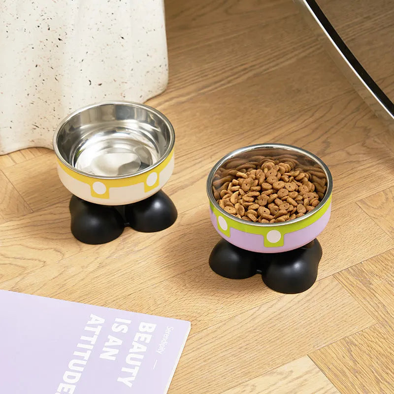 Cat neck protection pet anti-tumble bowl with stainless steel high platform in multiple colours