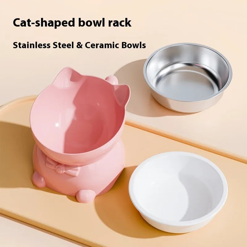 Stainless steel oblique cat bowl in blue colour on a white background.