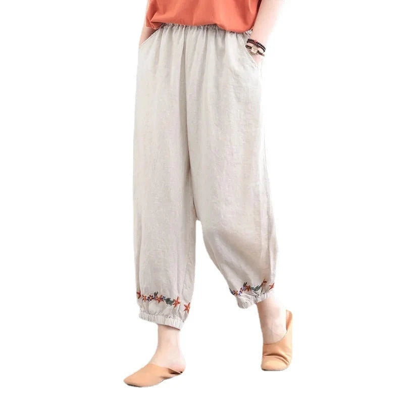 Women's vintage cotton linen casual pants in solid colours - beige, black, grey, navy blue