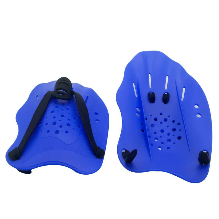 A pair of webbed swimming training hand paddles for freestyle stroke, shown in various colours.