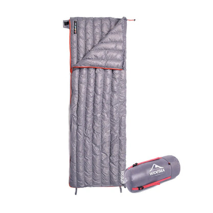 Cyan grey camping sleeping bag with compression sack showing 90% white duck down filling and waterproof nylon fabric