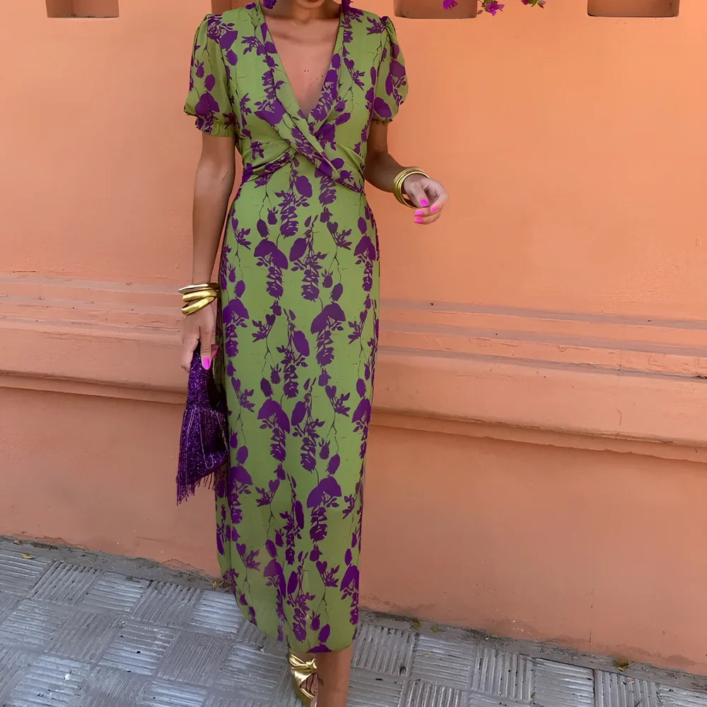 Green floral print V-neck short-sleeved polyester dress, mid-length one-step skirt, sizes S-3XL for women