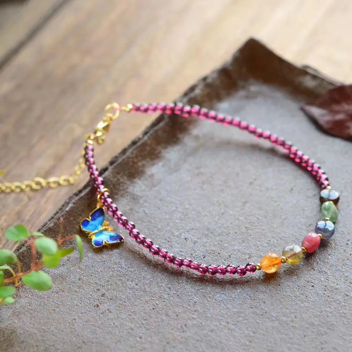 Purple garnet ethnic geometric anklet for women with adjustable chain