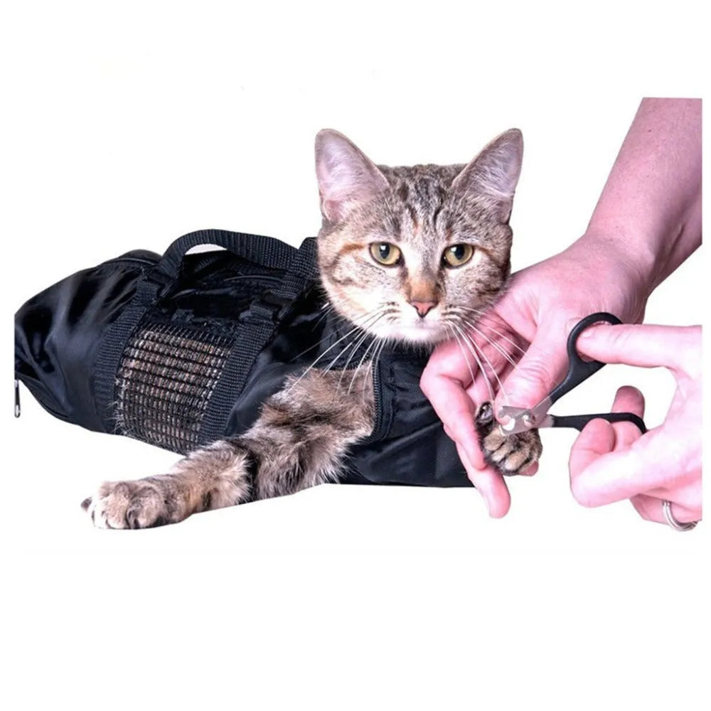 Black cat bath bag for grooming and veterinary care with folding capability