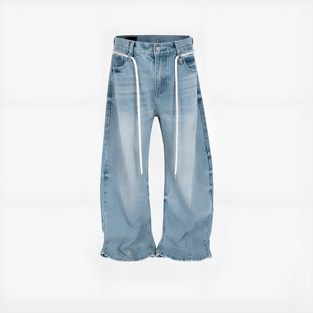 Blue vintage washed denim straight-leg trousers with drawstring belt and zipper fly closure
