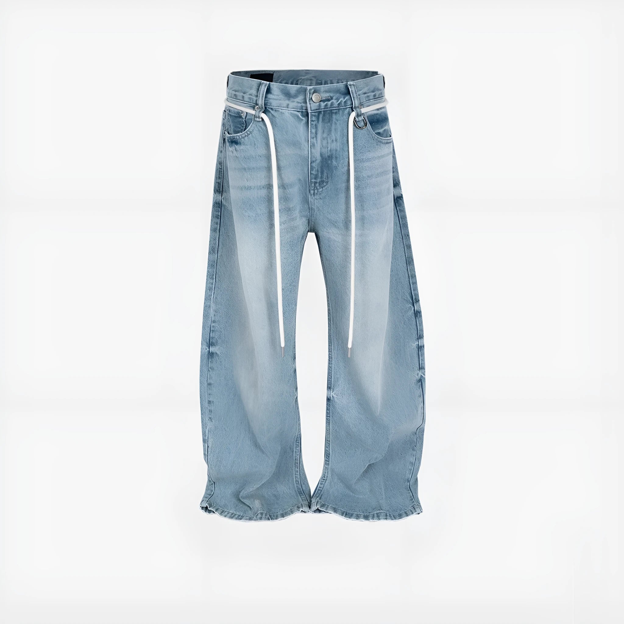 Blue vintage washed denim straight-leg trousers with drawstring belt and zipper fly closure