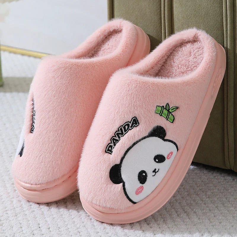 Cozy panda-themed slippers with thick, plush soles and a variety of vibrant color options