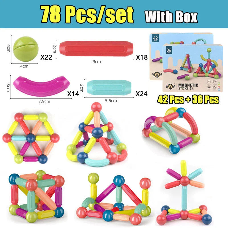 Magnetic building blocks and rods in various sizes and colors for creative play and early learning