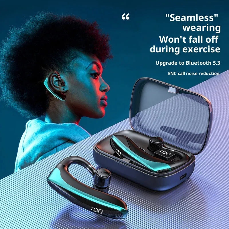 High-gloss black ear-mounted bone conduction sports Bluetooth headset with digital display and breathing light on ear hook