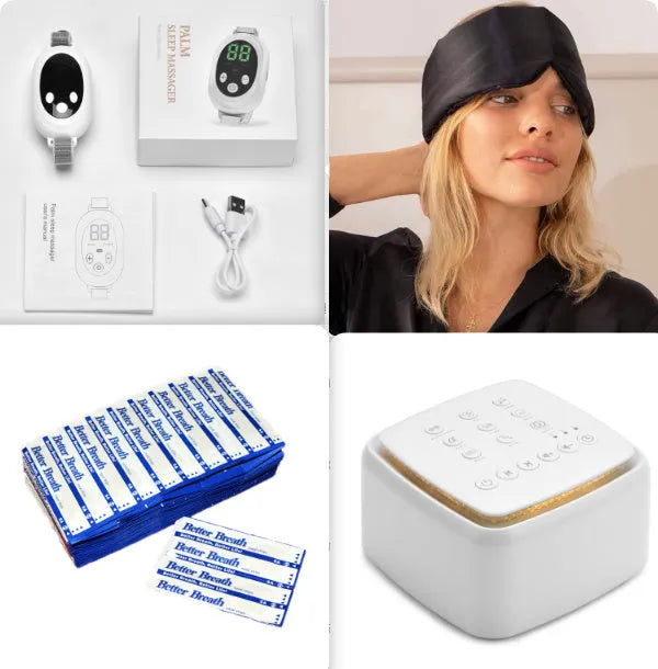 White handheld sleep aid instrument with remote control, sleep bracelet, and USB charging cable on a neutral background.