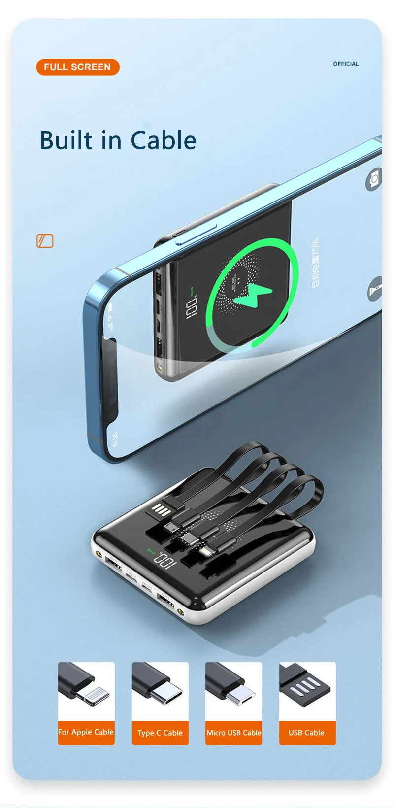 Compact 20000mAh portable power bank with LCD display, shown in black, green, and red colour options.