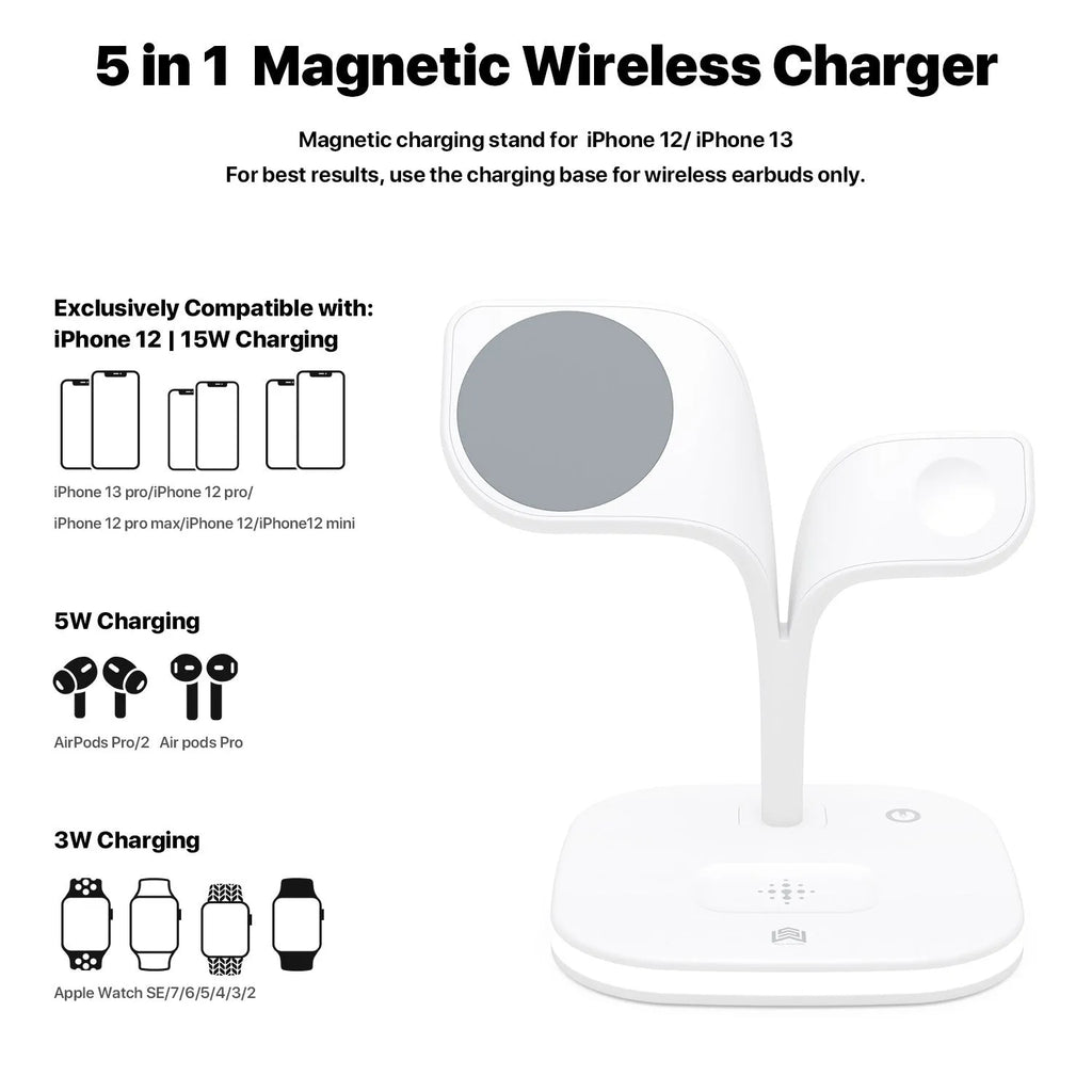 Black 3-in-1 desktop wireless charger stand showing phone, headphones, and watch on their respective charging pads.