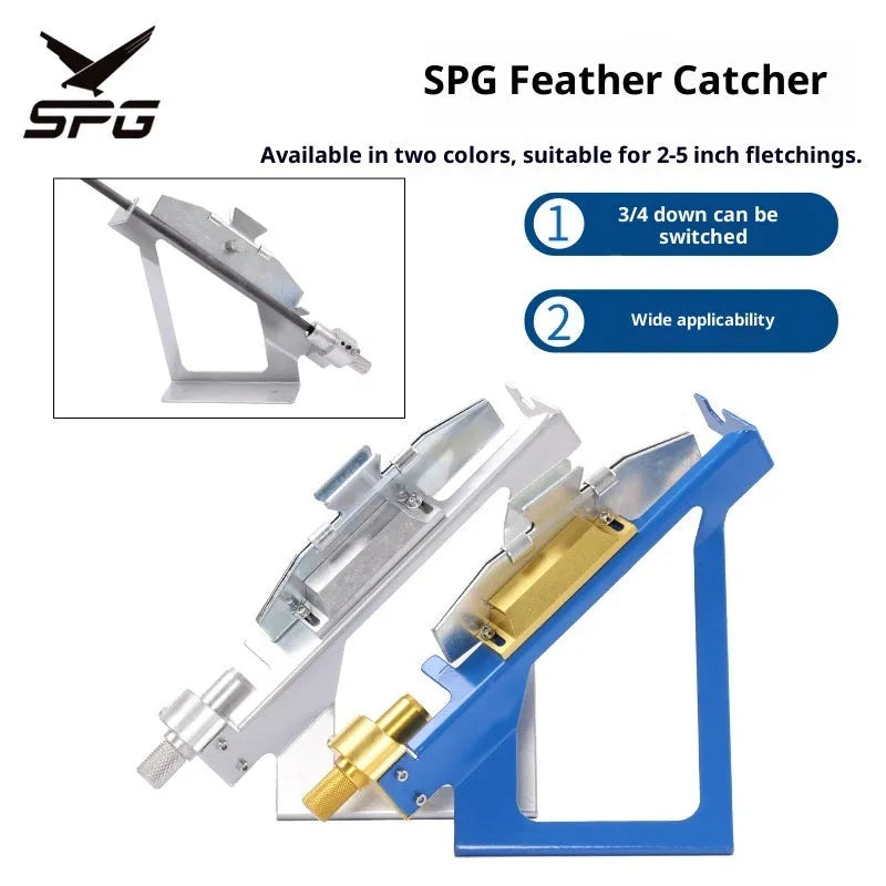 SPG stainless steel fletching jig in silver holding an arrow shaft