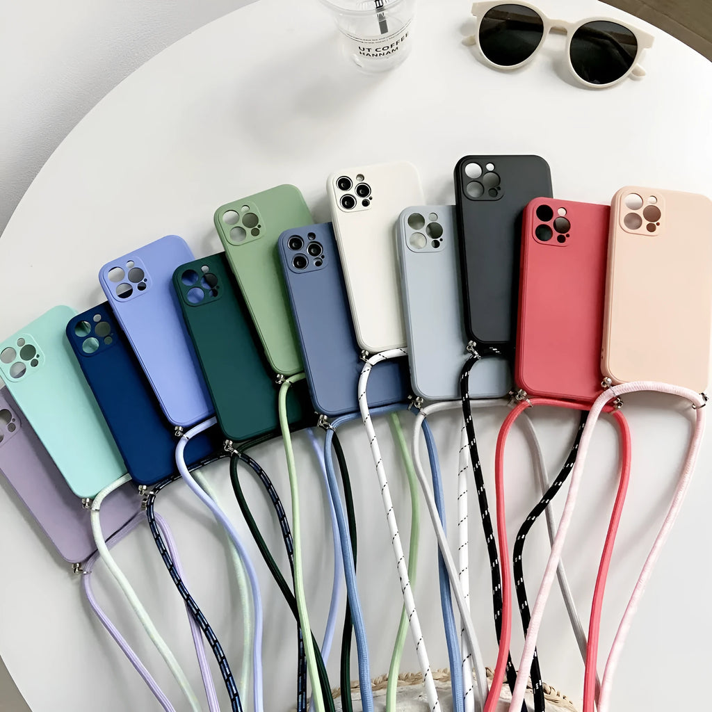 Liquid silicone phone case with hanging rope crossbody lanyard for iPhone 14 Pro Max, black