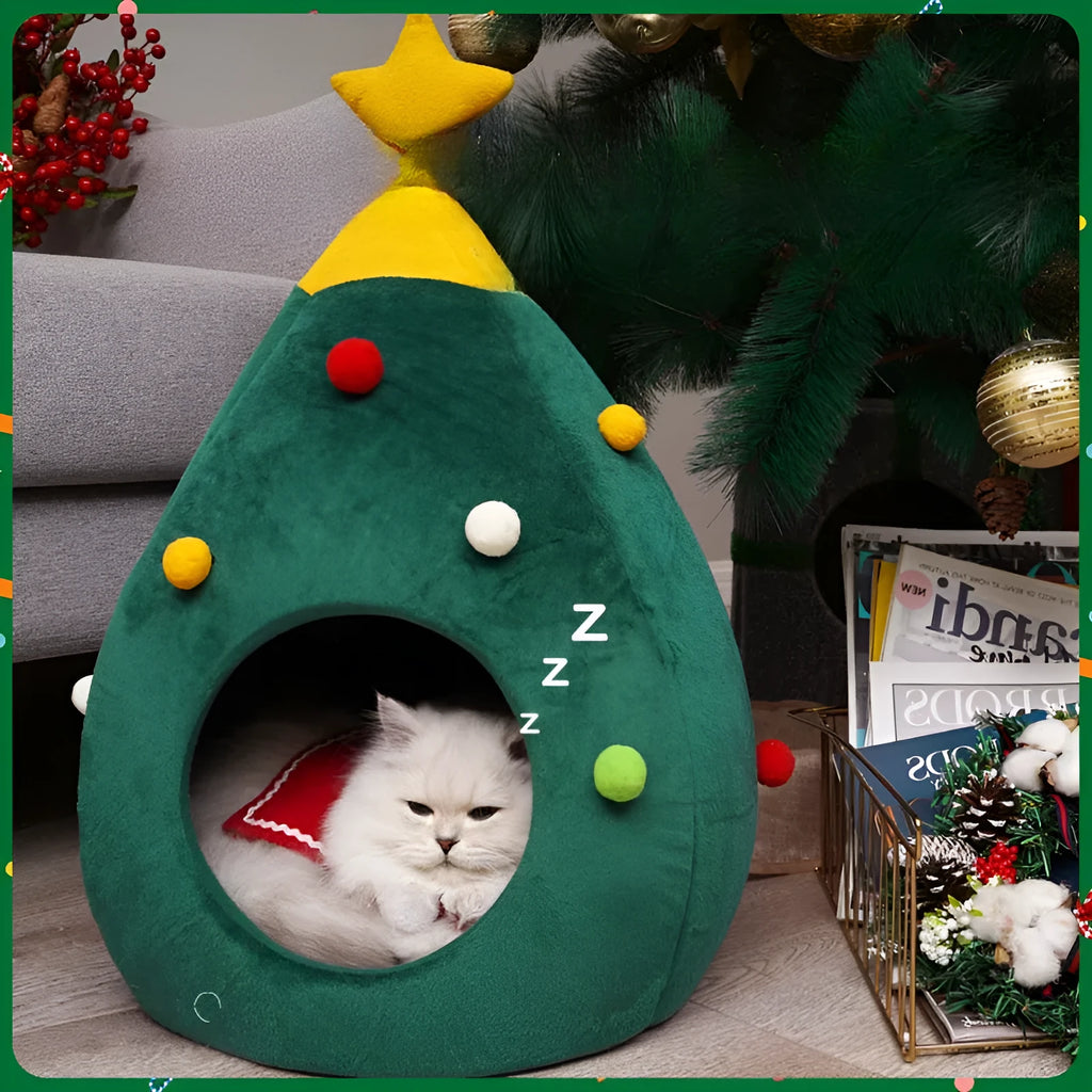 Christmas tree-shaped pet cave bed with plush fabric in three size options for cats and small dogs