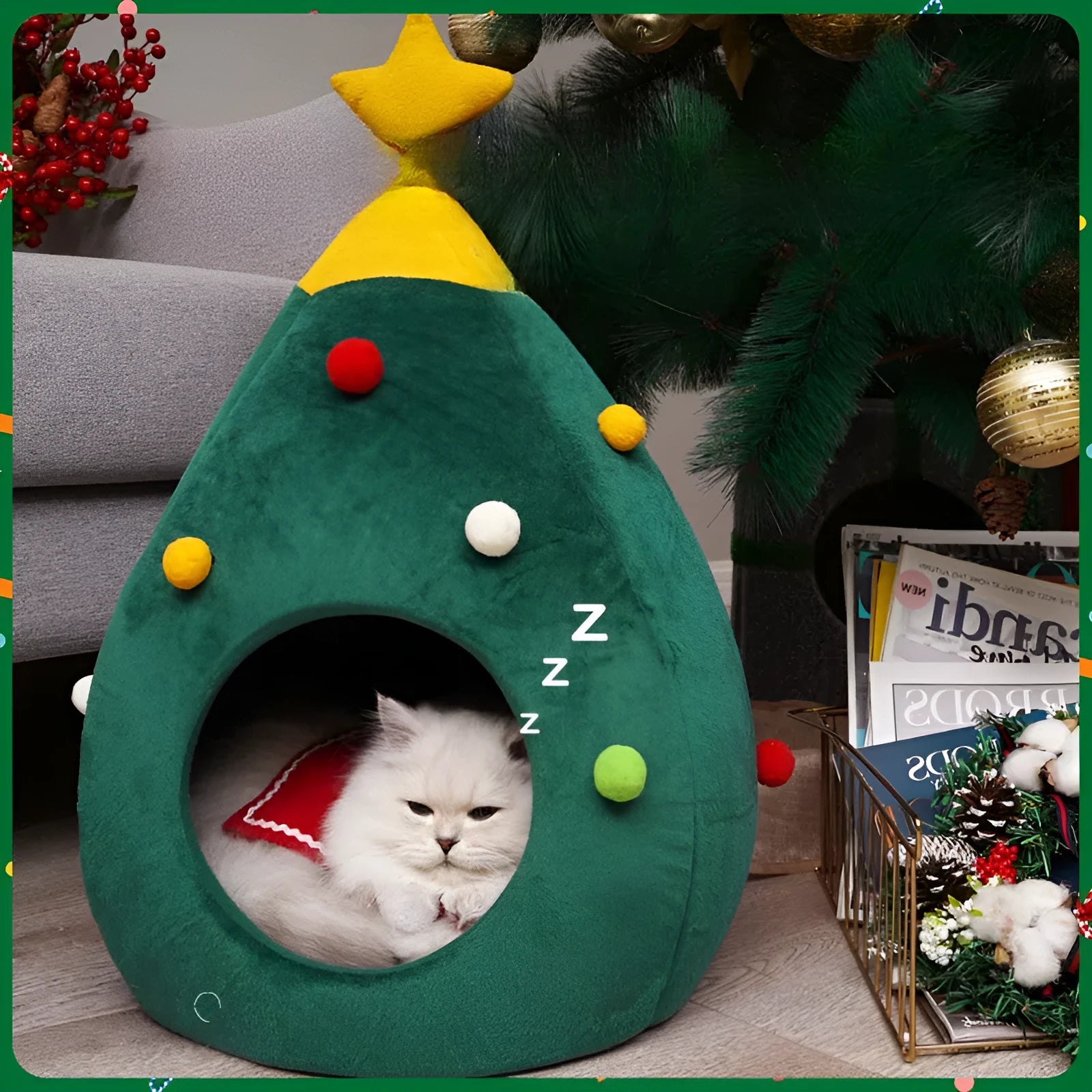 Christmas tree-shaped pet cave bed with plush fabric in three size options for cats and small dogs