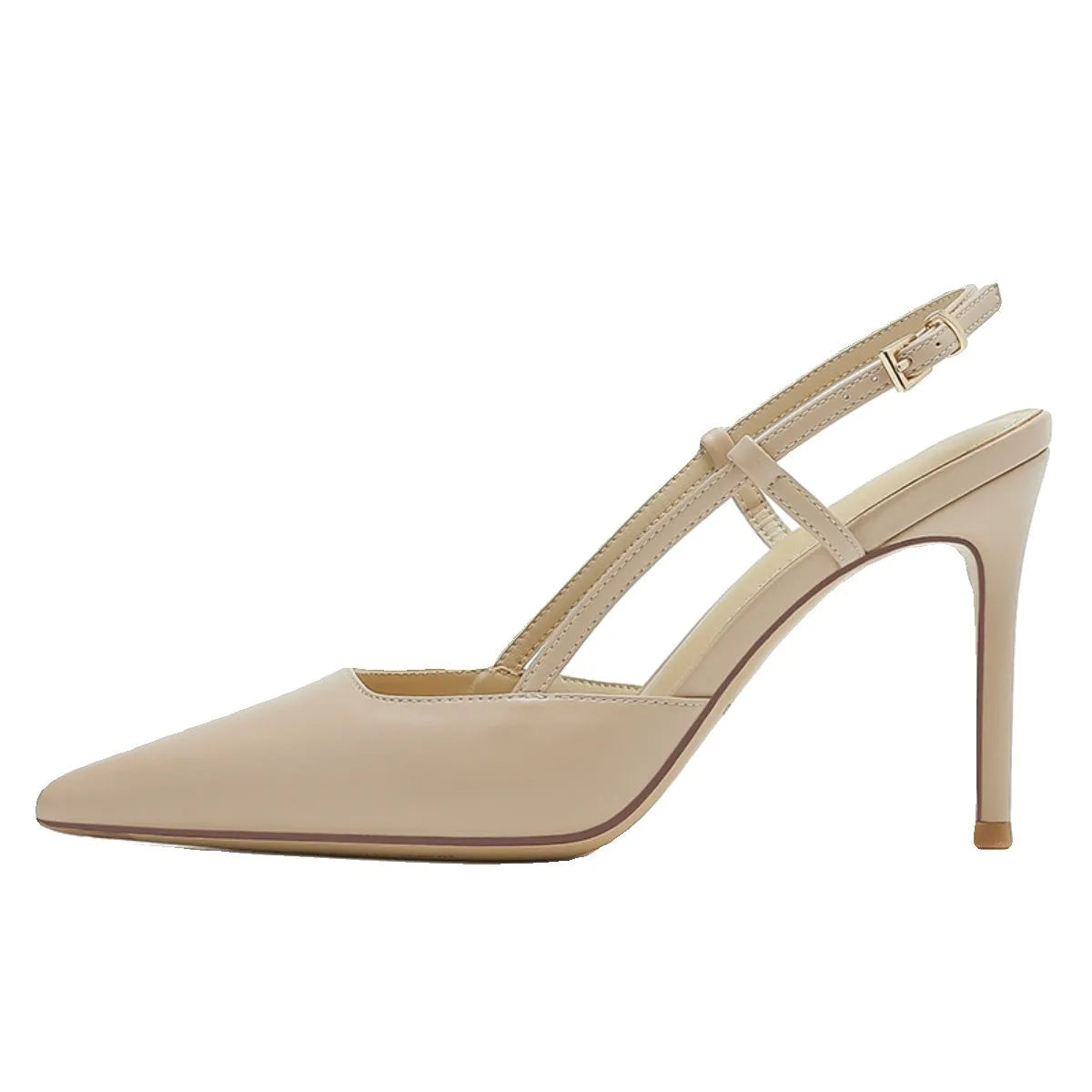 Apricot coloured women's high-heeled sandals with a single strap and buckle on a rubber sole.