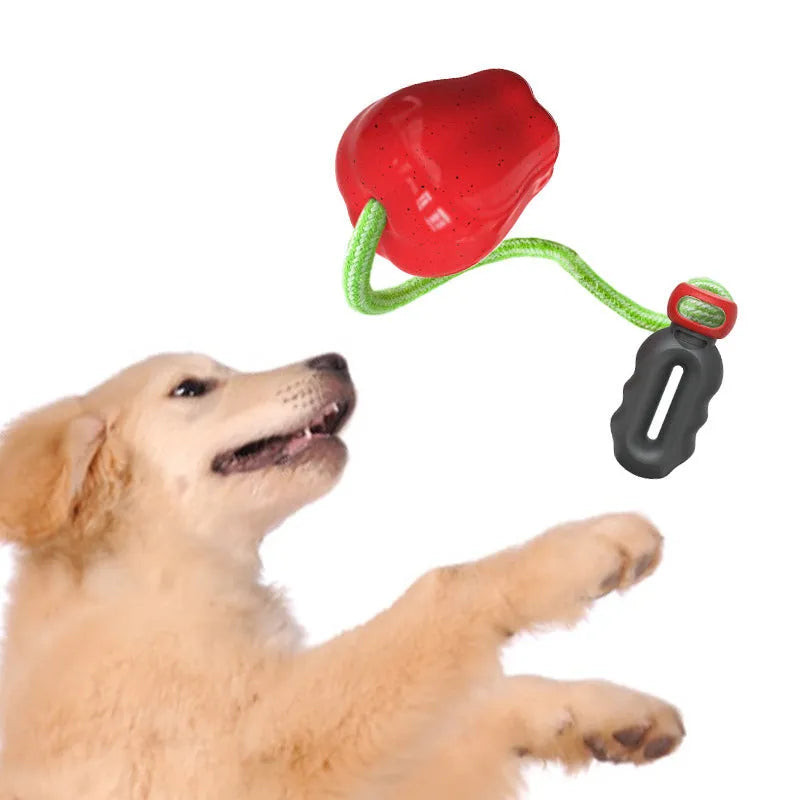 Green and red plastic apple-shaped dog chew toys for molar cleaning and outdoor play.