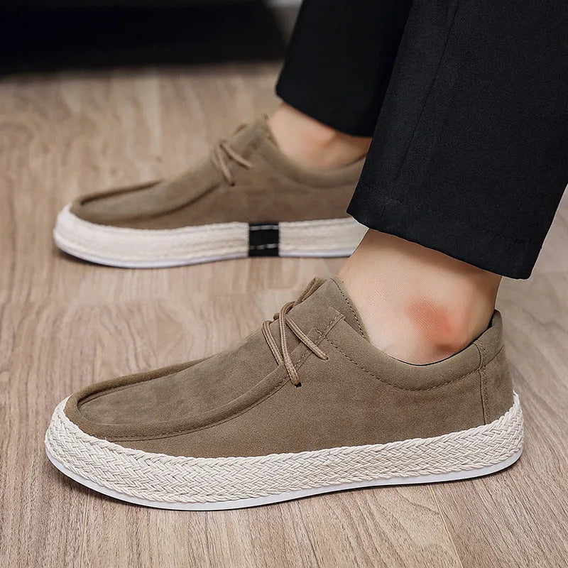 Men's casual pumps in khaki, low-top handmade cloth shoes with flat heel and round toe