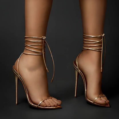 Golden women's ankle strap stiletto sandals with pointed toe, 8 cm heel, rubber sole, sizes 34-46