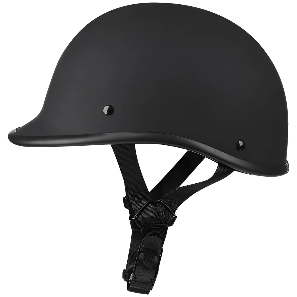 Retro style full face ABS motorcycle helmet shown in matte black finish on a stand.