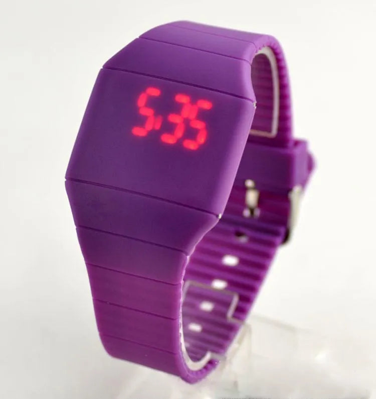 Square electronic digital watch with touch screen, plastic case, PU strap, and stainless steel buckle in multiple colours