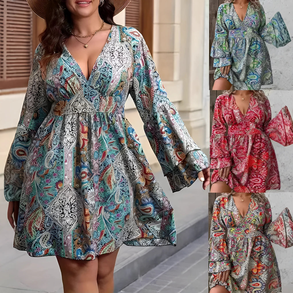 Plus size women's dress with bell sleeves and V-neck in red, yellow, or green colour options