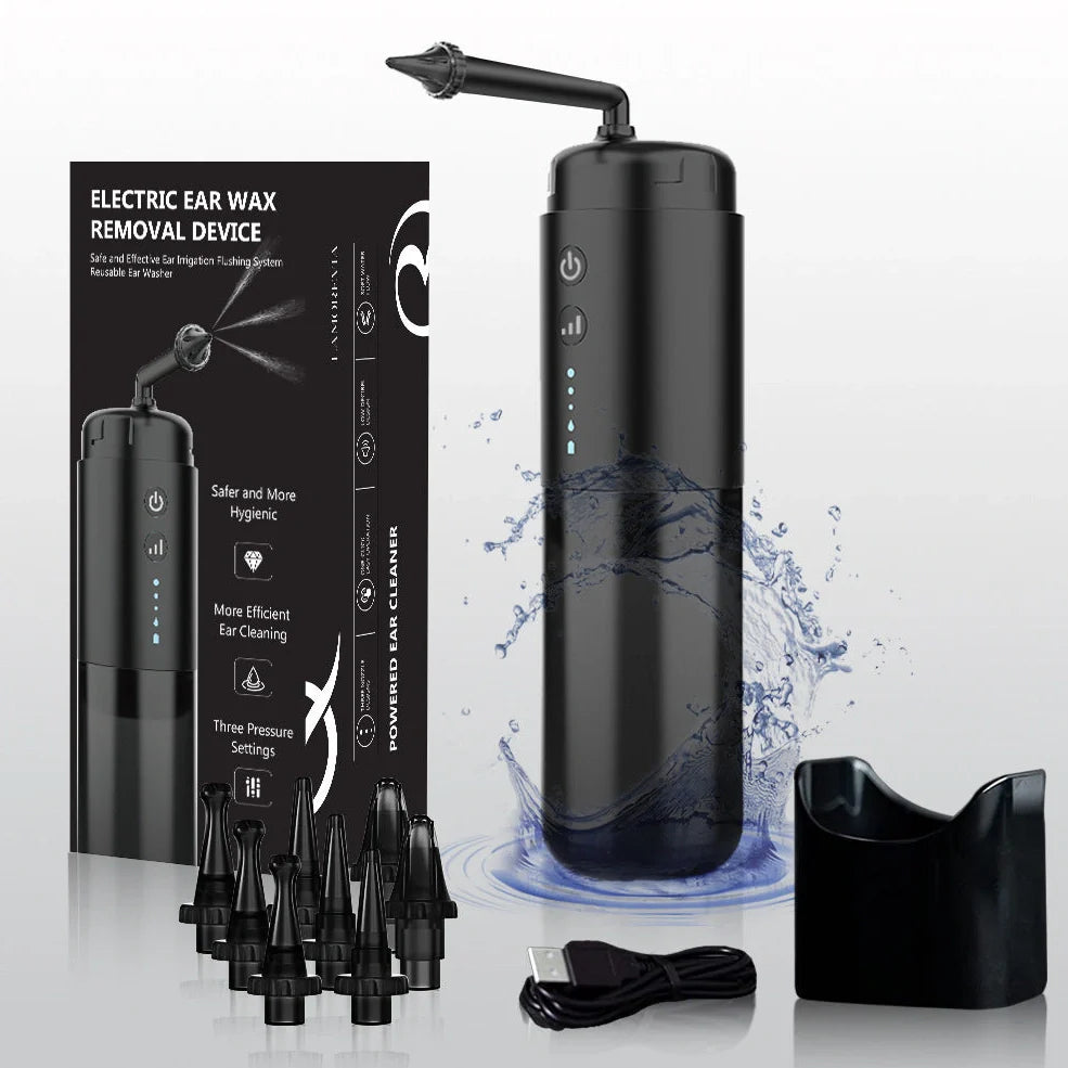 Black silicone ear washer with three nozzles and USB cable on white background