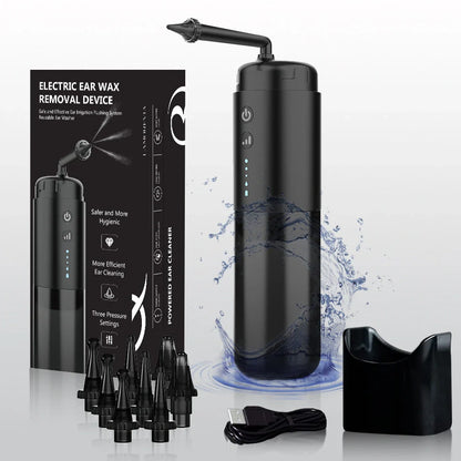 Black silicone ear washer with three nozzles and USB cable on white background