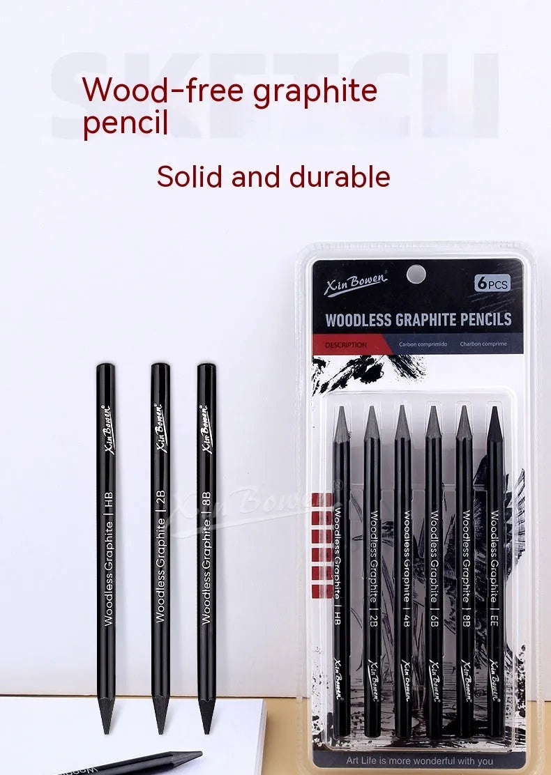 Set of six wood-free graphite art pencils with different grade markings: HB, 2B, 4B, 6B, 8B, and EE.