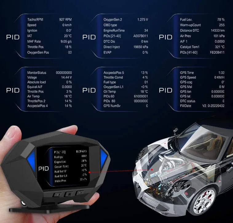 Black universal vehicle head-up display unit with LCD screen and OBD cable.