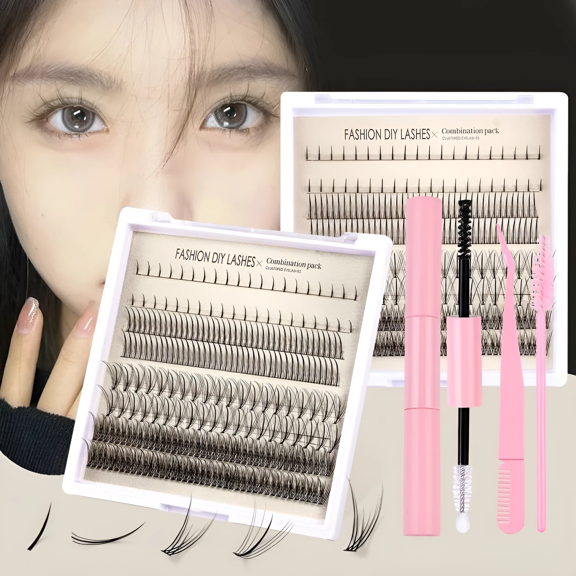 Segmented false eyelash kit with matching tweezers brushes and glue options
