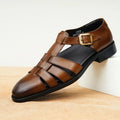 Men's black retro leather sandals with a cowhide upper and visible stitching.
